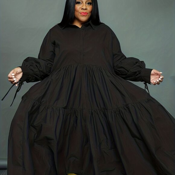 Women's Casual Ruffle Long Sleeve Shirt Dress White Loose Maxi Dress - Picture 8 of 11